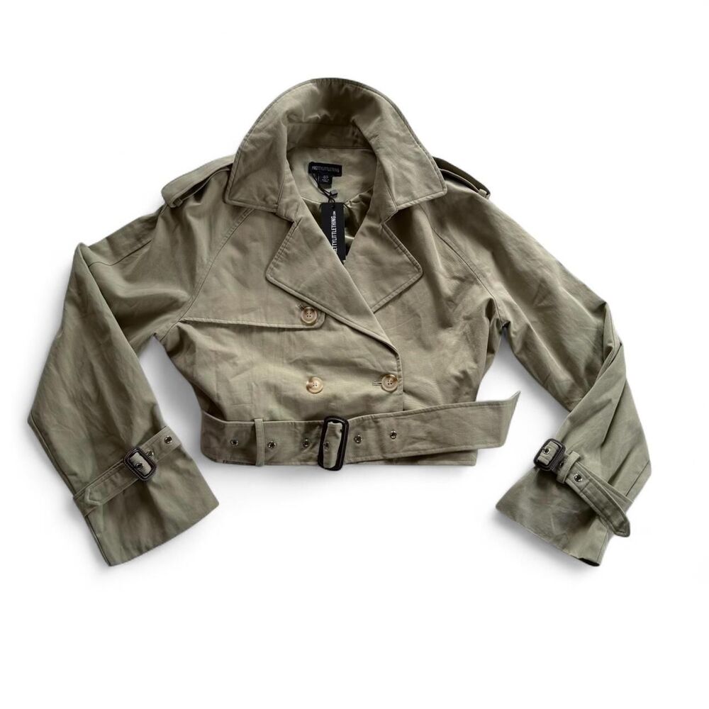Pretty Little Thing light khaki/green cropped belted hem trench coat size 4 NEW